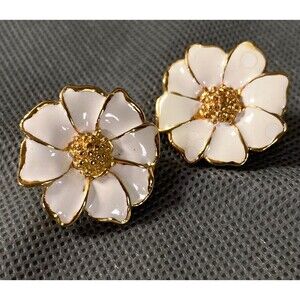Sunflower Clip On Earrings 1 Inch Gold Tone and White Enamel Read